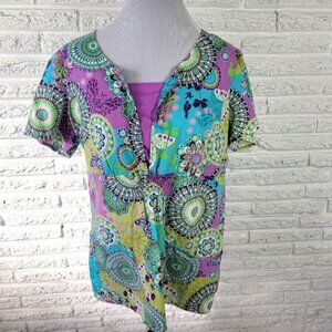 Peaches Unisex Scrub Top XL Short Sleeve Blue Geometric Cotton Pockets GEO277E